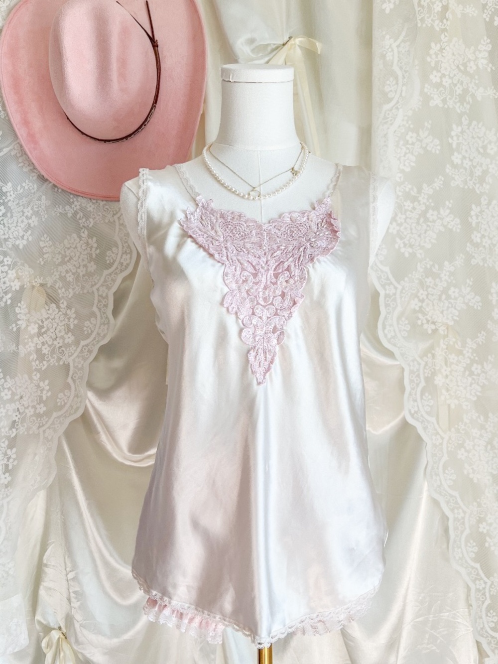 Cinema Etoile White Satin Lace Beaded Camisole